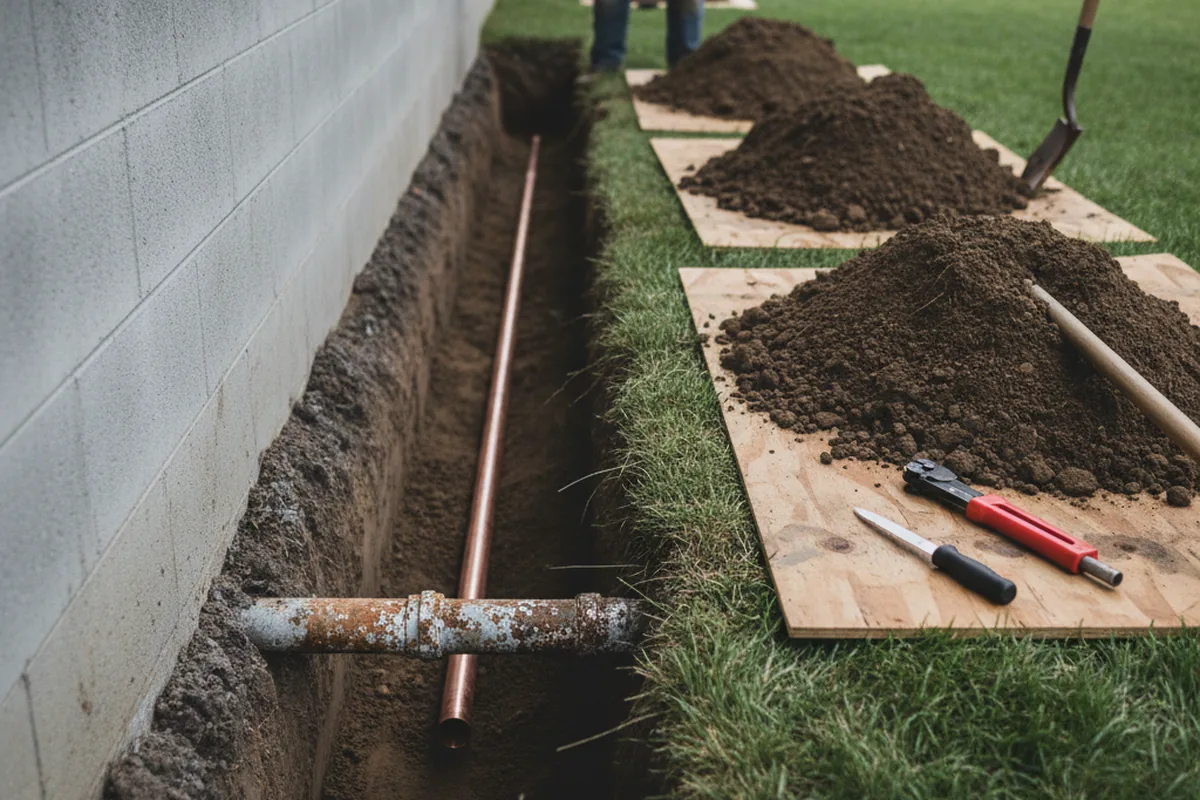 Excavated water line trench during Water Softener Installation in Hastings